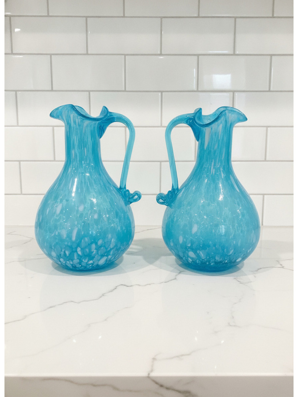 Pair Vintage Blown Blue Glass White Frit Splatter Pattern Cruets